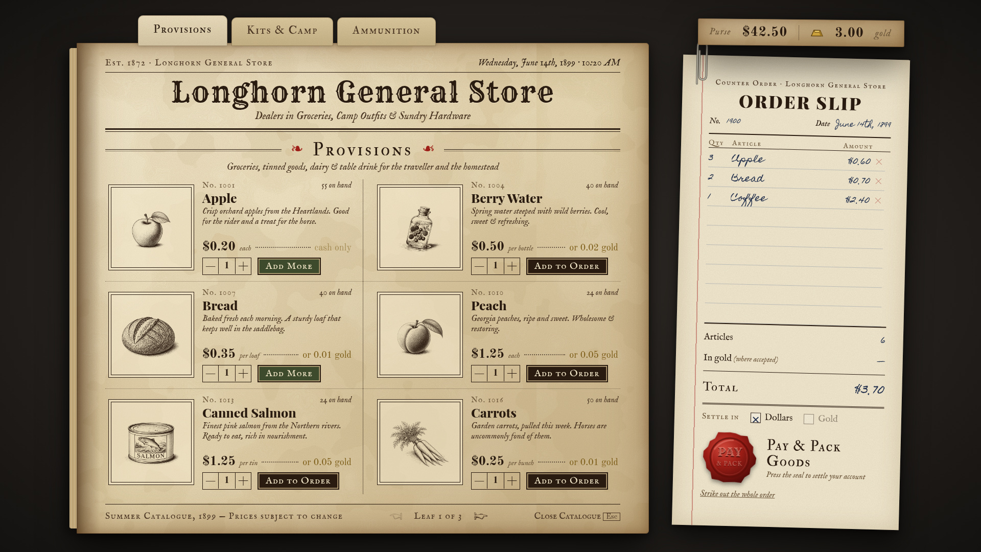 The General Store's provisions catalogue and paper order slip.