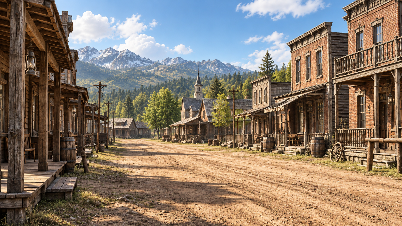 A sunny frontier town, with timber porches, brick storefronts and mountains beyond.